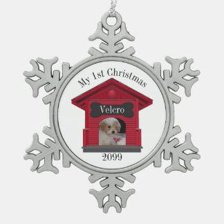 1. Weihnachtshund Hochladen Foto Dog House w Bone Schneeflocken Zinn-Ornament