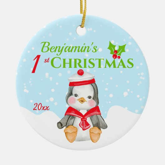 1. Weihnachtsjunge Penguin Foto Keramik Ornament (Vorne)