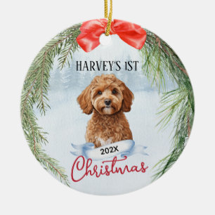 1. Weihnachtskranz Cavapoo Cavadoodle Keramik Ornament