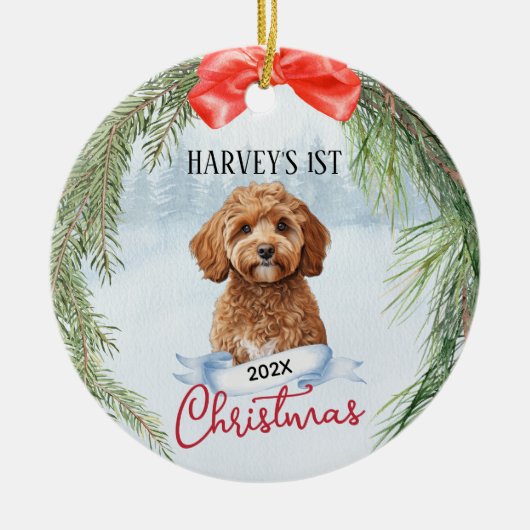 1. Weihnachtskranz Cavapoo Cavadoodle Keramik Ornament (Vorne)