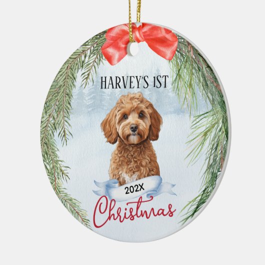 1. Weihnachtskranz Cavapoo Cavadoodle Keramik Ornament (Links)