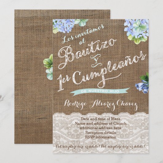 1er cumple y Bautizo, invitaciones niño Einladung (Vorne/Hinten)