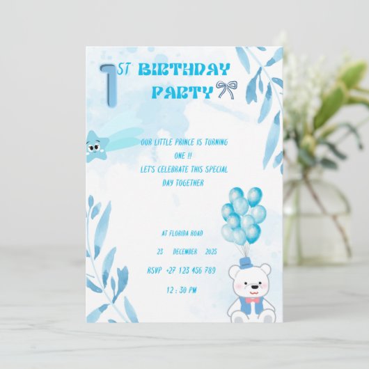 1st baby boy birthday invitation  einladung (Stehend Vorderseite)