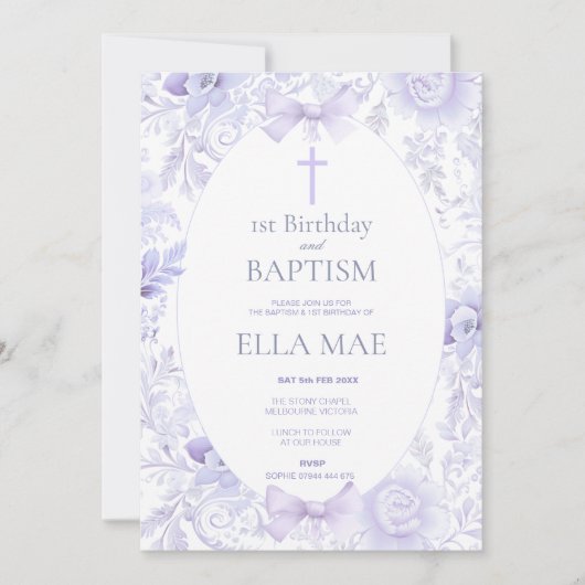 1st Birthday and Baptism for Girl Lilac Floral Einladung (Vorderseite)