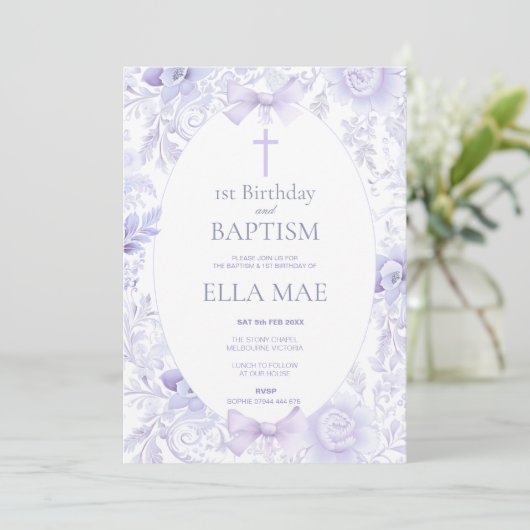 1st Birthday and Baptism for Girl Lilac Floral Einladung (Stehend Vorderseite)
