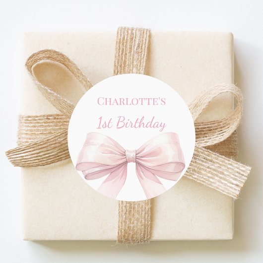 1st Birthday Bow Blush Pink Girl Runder Aufkleber