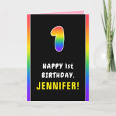 1st Birthday: Colorful Rainbow # 1, Custom Name Karte (Vorderseite)