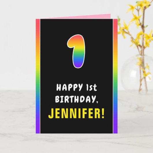 1st Birthday: Colorful Rainbow # 1, Custom Name Karte (Gelbe Blume)