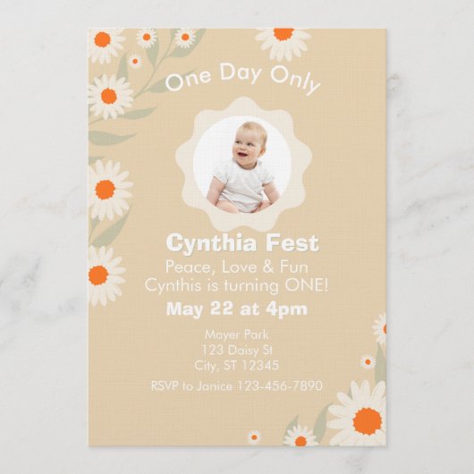 1st Birthday Daisy Fest, with Picture Einladung (Vorderseite)