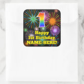 1st Birthday: Fun Fireworks Look, Rainbow # 1 Quadratischer Aufkleber (Tasche)
