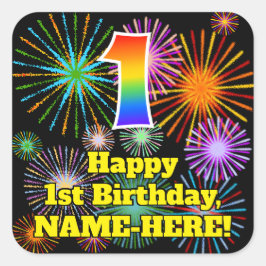 1st Birthday: Fun Fireworks Look, Rainbow # 1 Quadratischer Aufkleber
