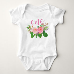 1st Birthday Girl   Watercolor Floral Personalized Baby Strampler