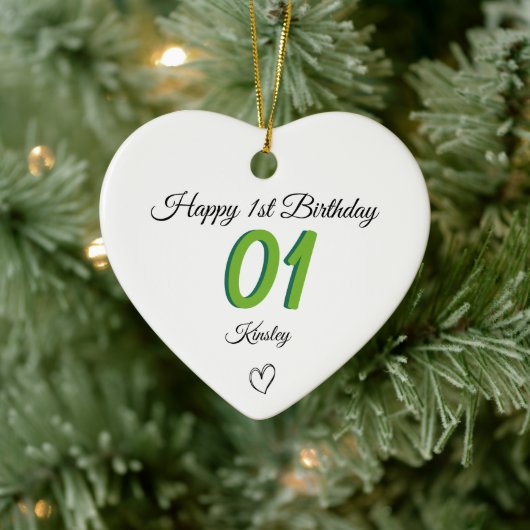 1st Birthday green Shadow Monogram heart baby Keramik Ornament (Baum)
