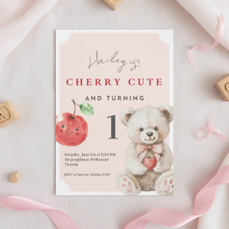1st Birthday Invitation Cherry Cute Teddy Theme Einladung