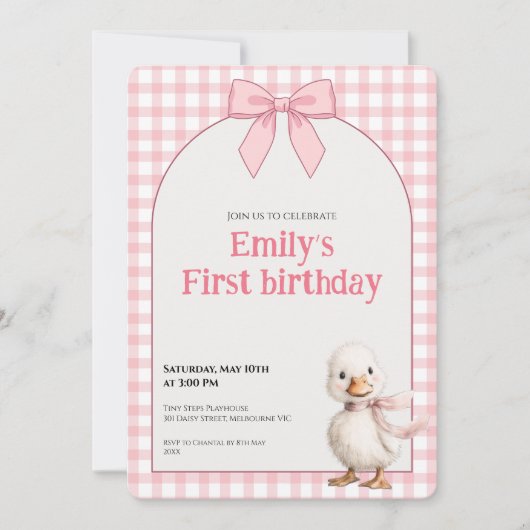 1st Birthday Invitation Gingham Duck Theme Kaart Einladung (Vorderseite)
