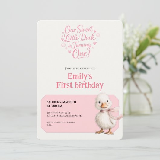 1st Birthday Invitation Gingham Duck Theme Kaart Einladung (Stehend Vorderseite)