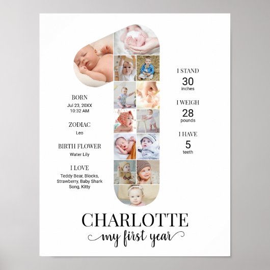 1st Birthday Number 1 Milestone Baby Photo Collage Poster (Vorne)