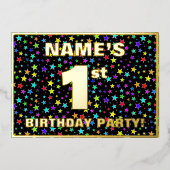 1st Birthday Party — Fun, Colorful Stars Pattern Folieneinladung (Vorderseite)