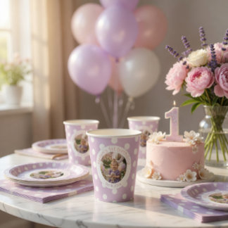 1st Birthday Photo & Purple Polka Dot Pappbecher