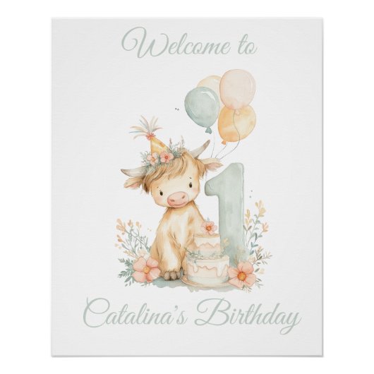 1st Birthday Poster Sign Highland Cow (Vorderseite)