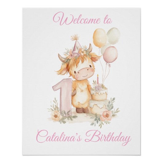 1st Birthday Poster Sign Highland Cow (Vorderseite)