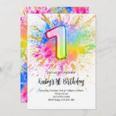 1st Birthday Rainbow Paint Splash Invitation Einladung (Vorne/Hinten)