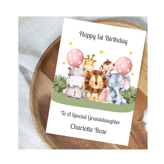 1st Birthday Safari Leaf Animals Card Karte