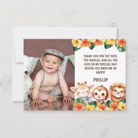 1st Birthday Safari Lion Giraffe Monkey Photo Dankeskarte (Vorderseite)