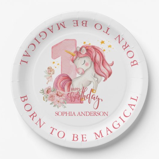 1st Birthday Unicorn Pink Little Girl Pappteller (Vorderseite)