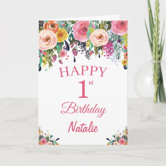 1st Birthday Watercolor Floral Flowers Pink Card Karte (Vorderseite)