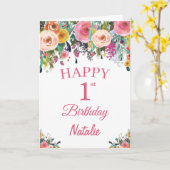 1st Birthday Watercolor Floral Flowers Pink Card Karte (Gelbe Blume)