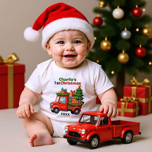 1st Christmas, cown text, Tree Haulin’ & Gift Ball Baby Strampler