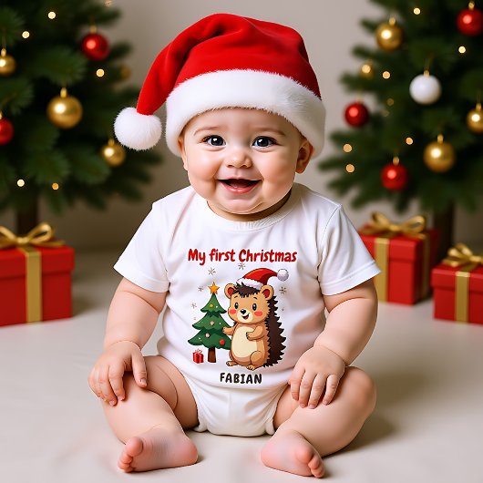 🎄1st Christmas, custom text, Holly Jolly Hedge Baby Strampler