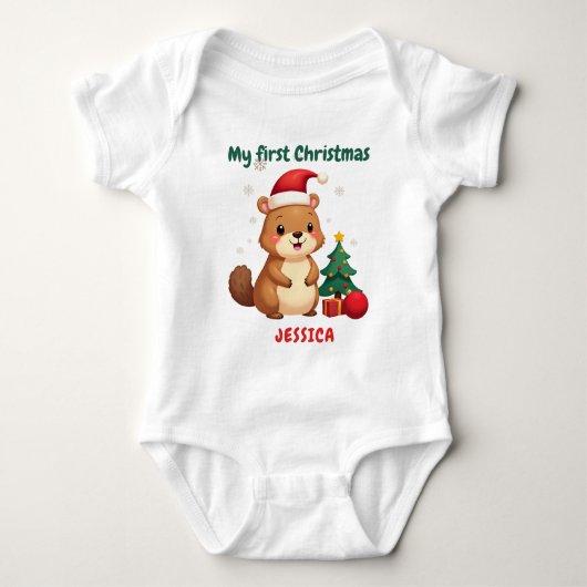 🎄1st Christmas, custom text, Tree-Mendous Debut Baby Strampler (Vorderseite)