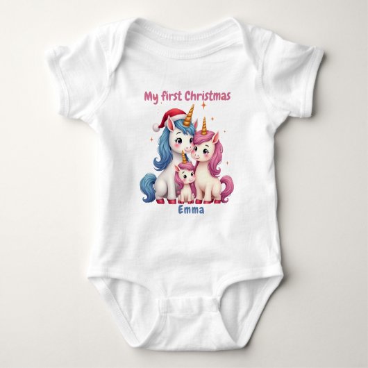 🎄1st Christmas, custom text, Unicorns & Mistletoe Baby Strampler (Vorderseite)