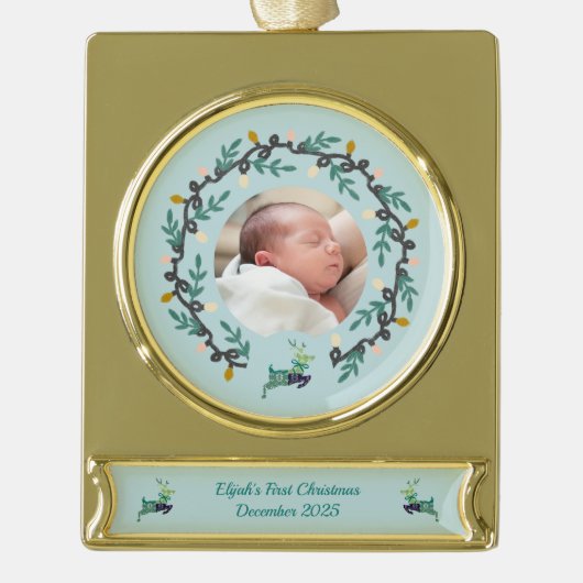 1st Christmas Deer with Wreath Teal Banner-Ornament Gold (Vorderseite)
