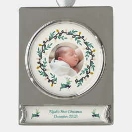 1st Christmas Deer with Wreath Teal Cream Banner-Ornament Silber