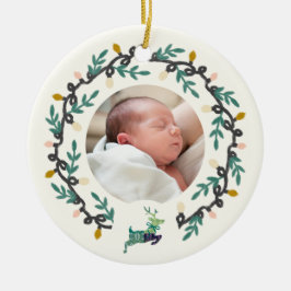 1st Christmas Deer with Wreath Teal Cream Keramik Ornament