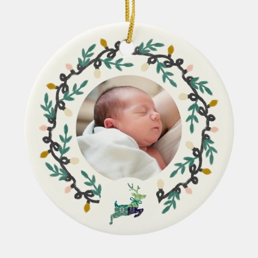 1st Christmas Deer with Wreath Teal Cream Keramik Ornament (Vorne)