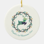 1st Christmas Deer with Wreath Teal Cream Keramik Ornament (Hinten)