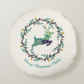 1st Christmas Deer with Wreath Teal Cream Rundes Kissen (Rückseite)