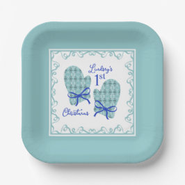 1st Christmas Mittens Blue Bow Holiday Pappteller