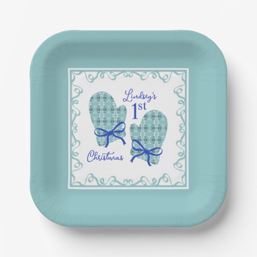 1st Christmas Mittens Blue Bow Holiday Pappteller (Vorderseite)