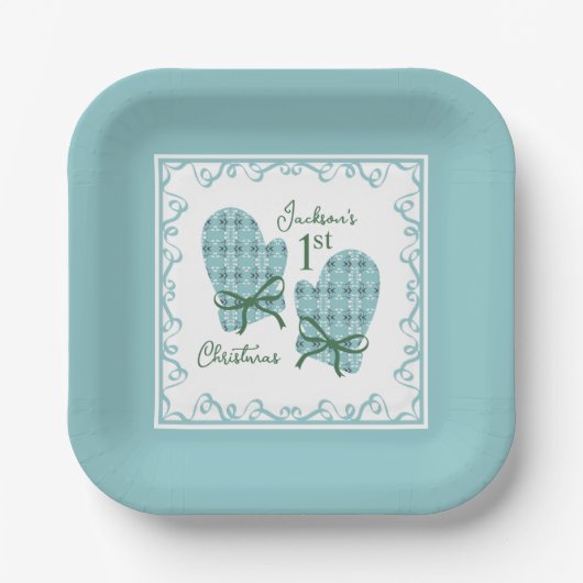 1st Christmas Mittens Green Bow Holiday Pappteller (Vorderseite)