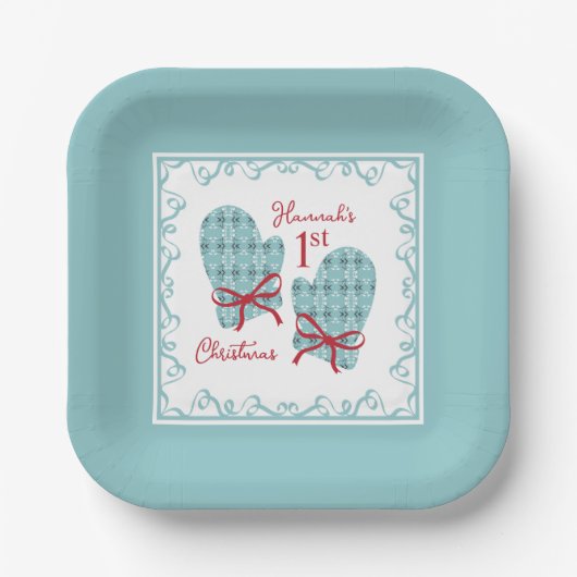 1st Christmas Mittens Red Bow Holiday Pappteller (Vorderseite)