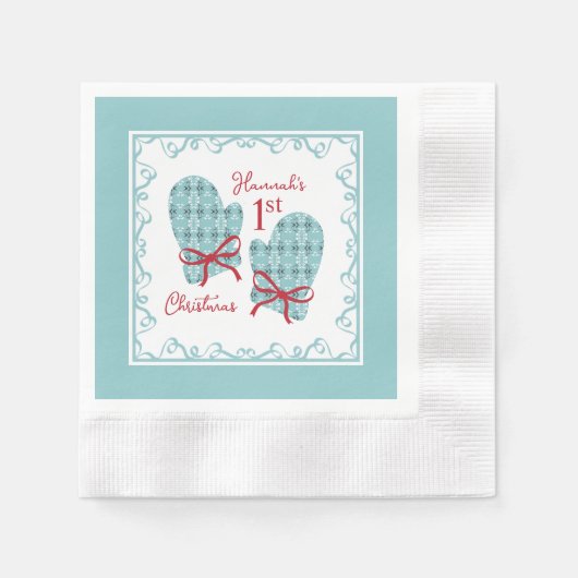 1st Christmas Mittens Red Bow Holiday Serviette (Vorderseite)