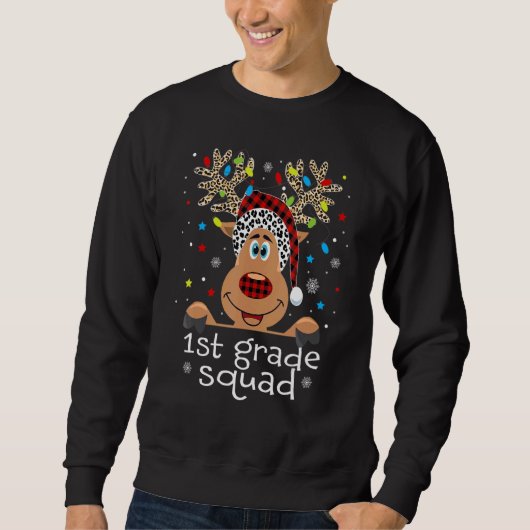 1st Grade Squad Plaid Reindeer Santa Hat Teacher C Sweatshirt (Vorderseite)