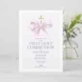 1st Holy Communion Invitation, Modern Pink Bow Einladung (Stehend Vorderseite)
