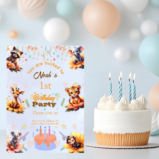 1st Party Animals Kids Birthday Invitation Einladung