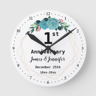 1st Wedding Anniversary Custom Names and Year Runde Wanduhr